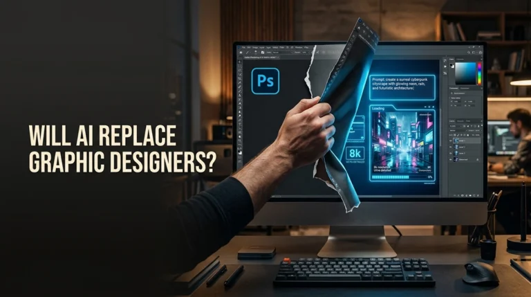 Will AI replace graphic designers? Poster-style cover showing Photoshop being torn away and replaced by an AI image generation interface.