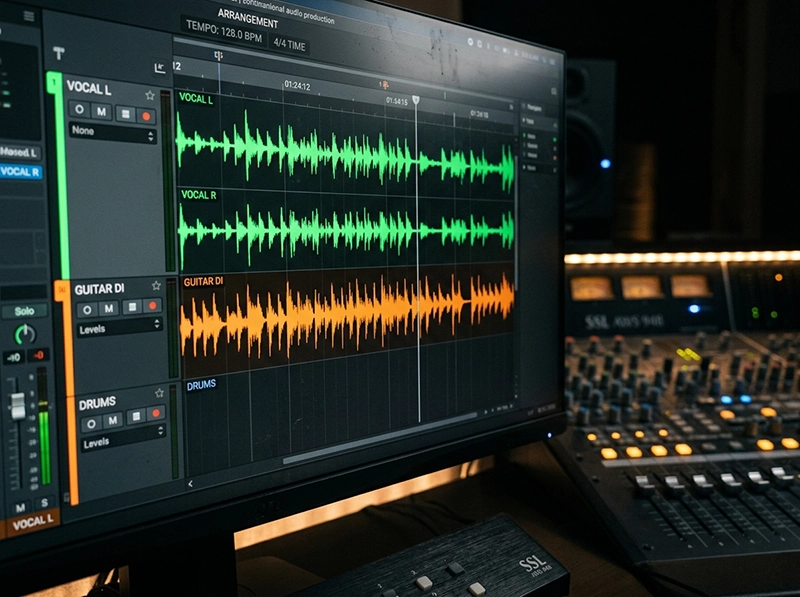 Free AI Voice Generator Text to Speech: Can Free AI Tools Dub Trending Animations Without Sounding Robotic? 2 Close-up of a high-end audio editing software timeline running sound waves for animation voiceover tracking.