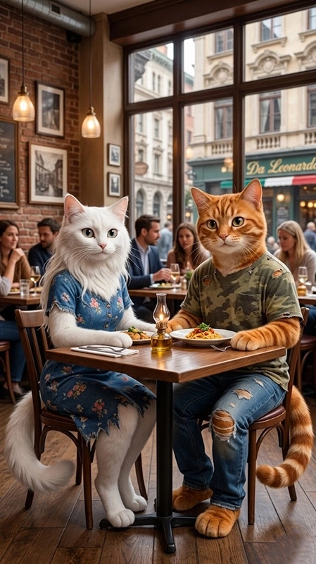 The Ultimate AI Animal Video Generator Guide: Stop Wasting Time on Fails & Steal My Proven Runway Strategy 3 An anthropomorphic white long-haired cat in a floral blue denim dress and a ginger tabby cat in a camo shirt and ripped jeans sitting at a table in a busy city restaurant, looking forward. They have food on their plates.