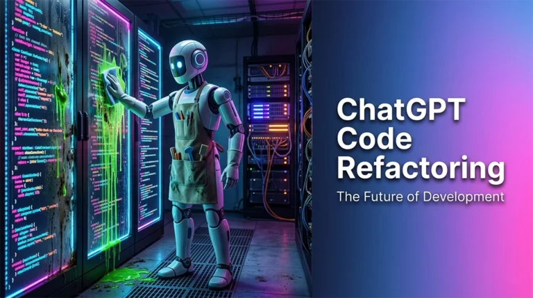 A professional poster design representing chatgpt code refactoring with a clean robot janitor sorting messy application code