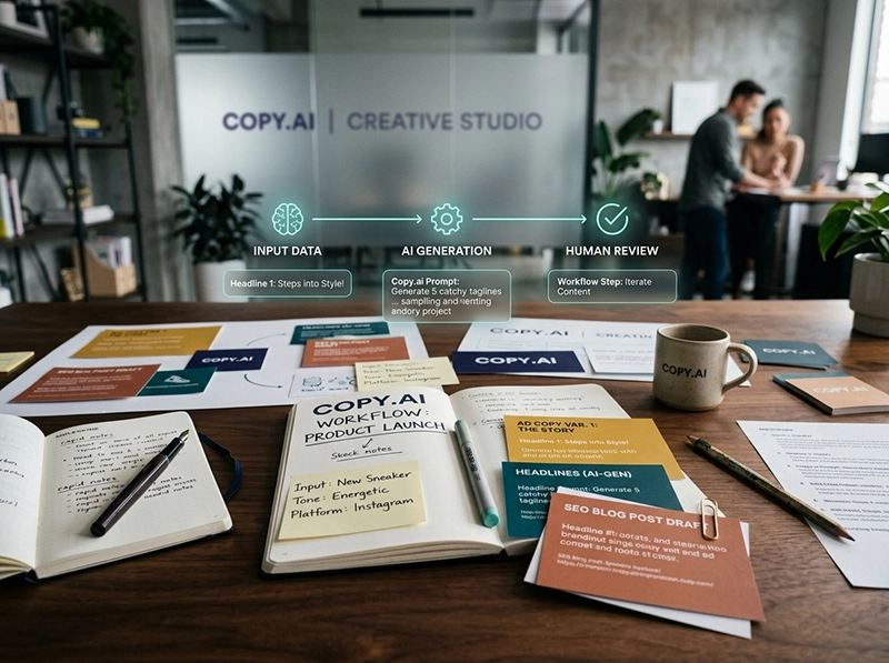 Realistic editorial image for Copy.ai workflow and marketing use cases with modern creative design