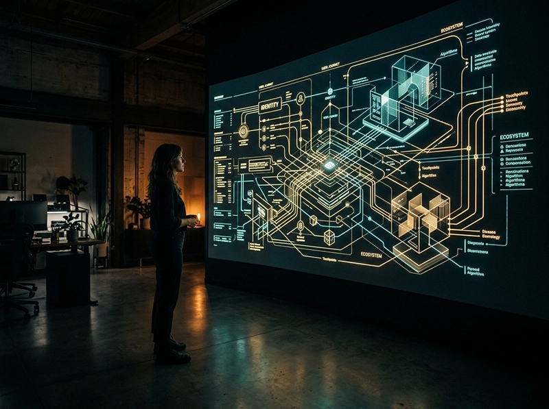 A graphic designer analyzing the strategic logic and structure of an AI-driven brand system.