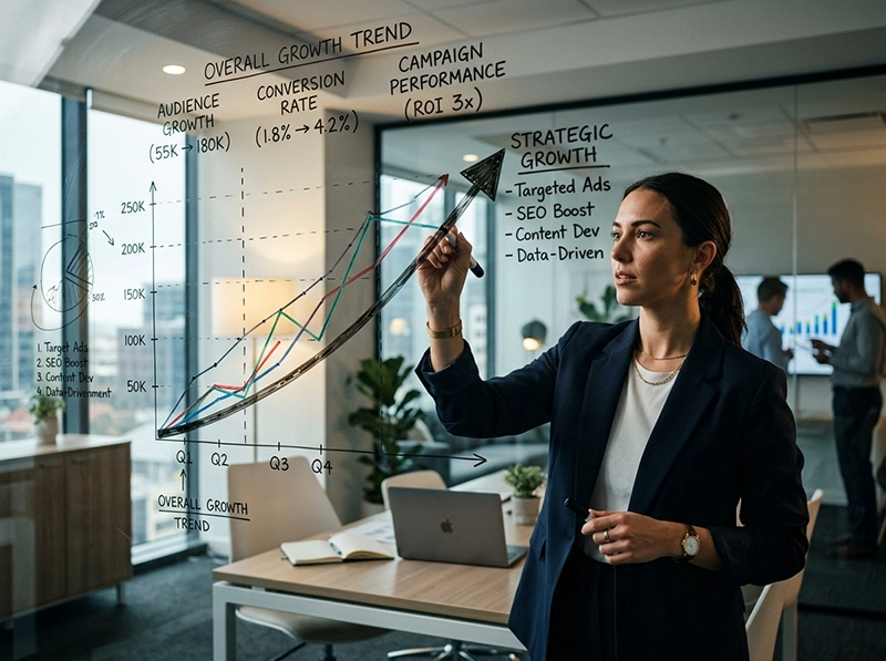 digital marketing strategist drawing growth chart for campaign performance