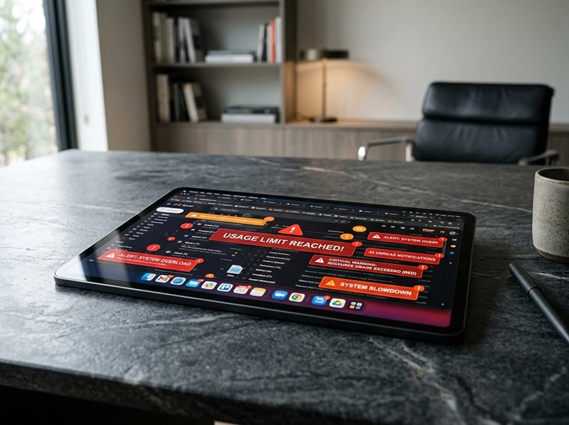 Free AI Tools for Students: The Costly Mistake Smart Learners Avoid 2 A realistic editorial photo of a digital tablet showing app overload and strict usage limits to depict workflow fragmentation.
