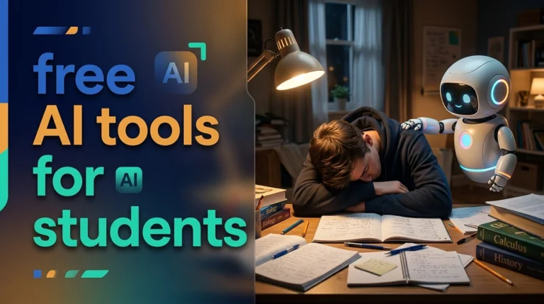 A professional poster design illustrating free AI tools for students with an exhausted learner and a supportive companion robot.