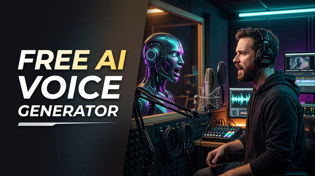 Free AI Voice Generator Text to Speech: Can Free AI Tools Dub Trending Animations Without Sounding Robotic? 1 A professional animation dubbing studio testing a free ai voice generator text to speech tool with a hybrid human-robot voice actor.