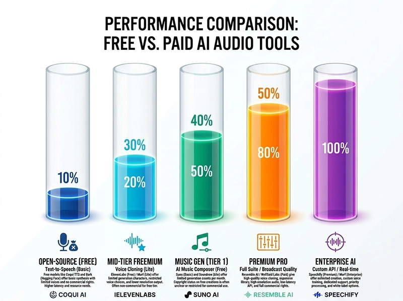 Free AI Voice Generator Text to Speech: Can Free AI Tools Dub Trending Animations Without Sounding Robotic? 4 Modern futuristic infographic chart comparing performance metrics of free versus premium text to speech platforms.