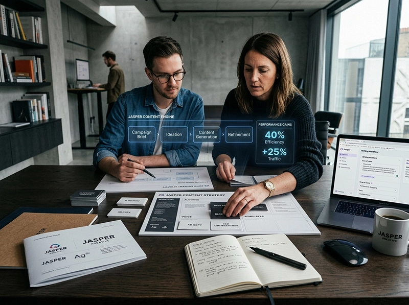 Realistic editorial image for Jasper AI features with premium tech storytelling and magazine-style composition
