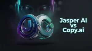 Jasper AI vs Copy ai comparison cover in poster style with 3D logos, dark background, colorful lighting, and editorial banner design