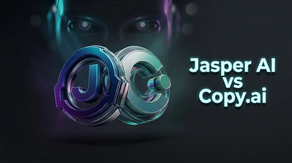 Jasper AI vs Copy ai comparison cover in poster style with 3D logos, dark background, colorful lighting, and editorial banner design