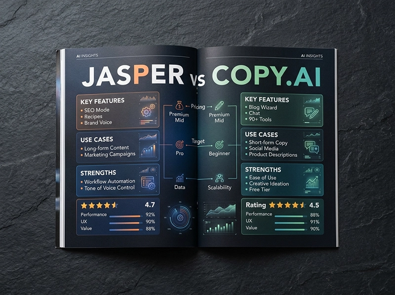Editorial comparison infographic for Jasper AI and Copy.ai with modern data visuals and realistic magazine-style design
