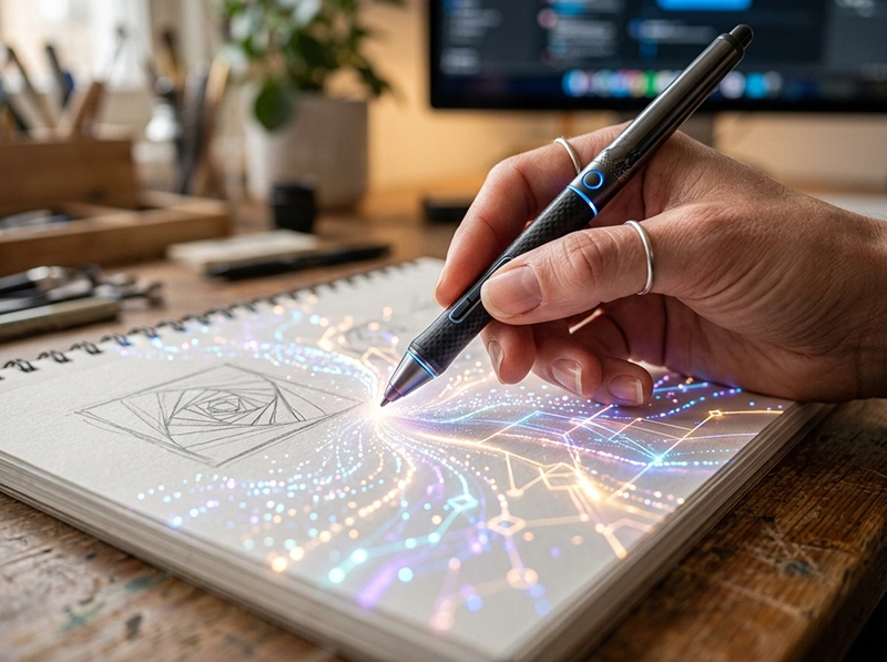 A creative designer transitioning from traditional sketching to AI-assisted digital design.