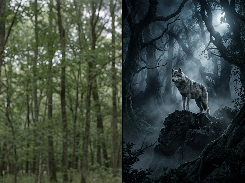 Feedough AI Prompt Generator Alternatives: I Tested 27 AI Tools 2 A realistic photography style comparison of a wolf in a misty cinematic dark forest