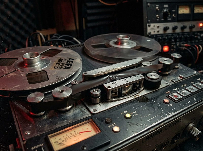 Free AI Voice Generator Text to Speech: Can Free AI Tools Dub Trending Animations Without Sounding Robotic? 3 A close-up cinematic shot of a physical audio reel tape lagging, symbolizing mechanical pacing limitations in sound design.