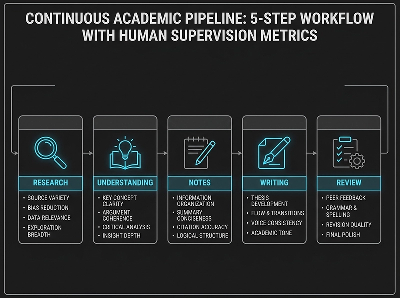 Free AI Tools for Students: The Costly Mistake Smart Learners Avoid 4 A technical workflow diagram displaying a 5-step human-supervised system for academic writing and research.