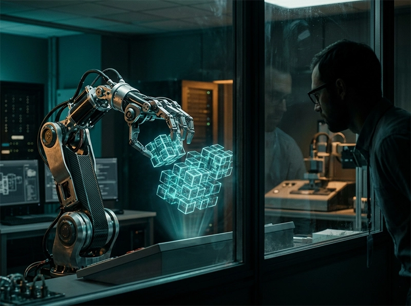 A realistic cinematic shot of a robotic hand organizing structural puzzle blocks representing backend software architecture patterns