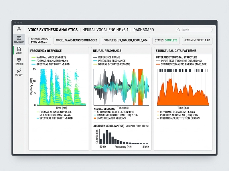 A detailed technical infographic showing audio waveform graphs and digital voice recreation data.