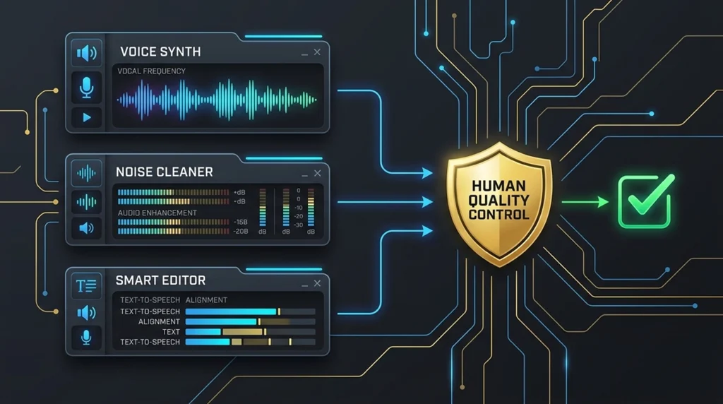 An advanced dark-mode tech infographic showing three AI audio and writing tools with neon waveforms and a human quality control filter.