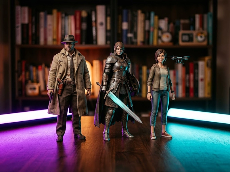 Best Character AI Alternative: I Tested Emochi AI Against Character AI, Janitor AI, Chub AI, and Replika 2 Three detailed character figurines representing a detective, a fantasy warrior, and a companion under neon lights for testing roleplay ai chat bot characters.