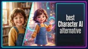 A premium Photoshop poster displaying the text "best Character AI alternative" over a split-screen design of a cute little girl in a real room and her 3D anime version.