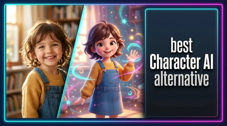 A premium Photoshop poster displaying the text "best Character AI alternative" over a split-screen design of a cute little girl in a real room and her 3D anime version.