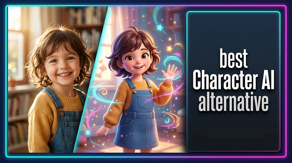 Best Character AI Alternative: I Tested Emochi AI Against Character AI, Janitor AI, Chub AI, and Replika 1 A premium Photoshop poster displaying the text "best Character AI alternative" over a split-screen design of a cute little girl in a real room and her 3D anime version.
