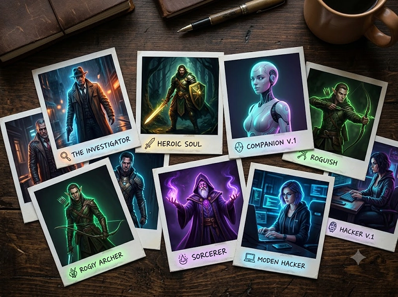 Best Character AI Alternative: I Tested Emochi AI Against Character AI, Janitor AI, Chub AI, and Replika 4 A real-world collection of glowing character cards and polaroids representing different conversational AI personas.