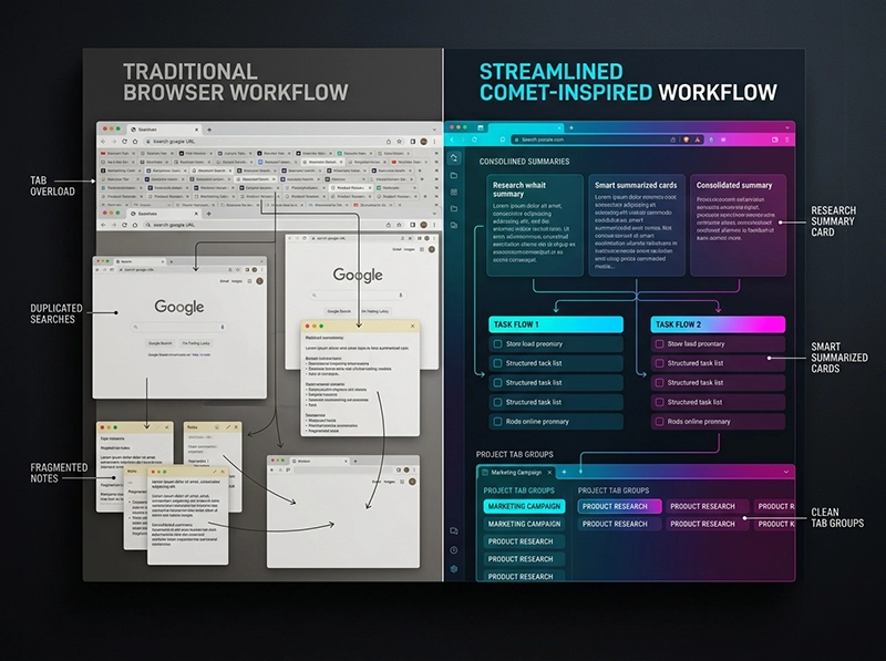 Comparison infographic of old multi-tab browsing versus Comet workflow