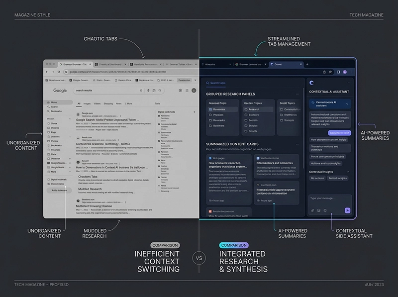 Visual comparison between Comet and a traditional browser workflow