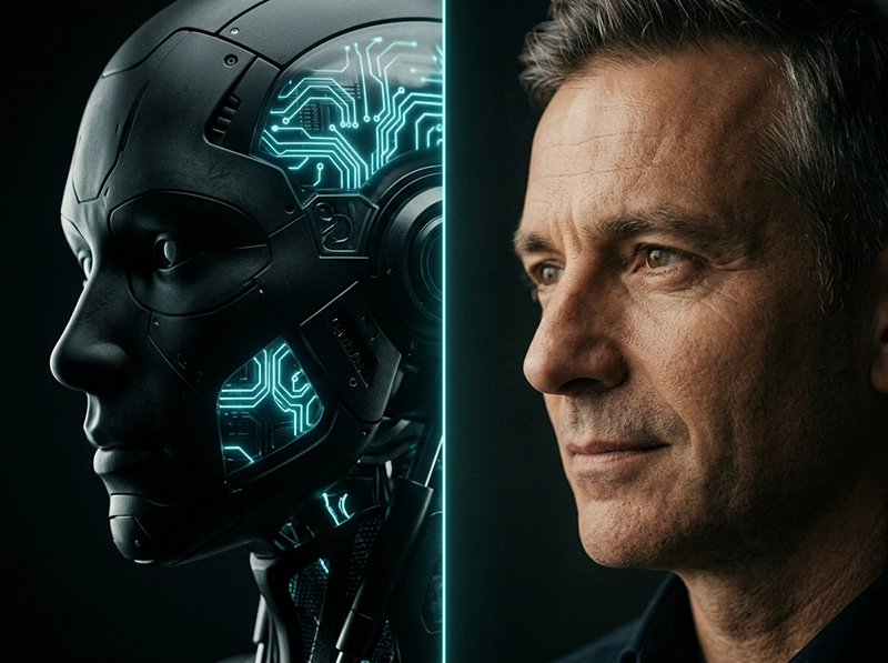 A high-contrast split-screen editorial portrait of a cybernetic robot face next to a thoughtful human CTO analyzing code.