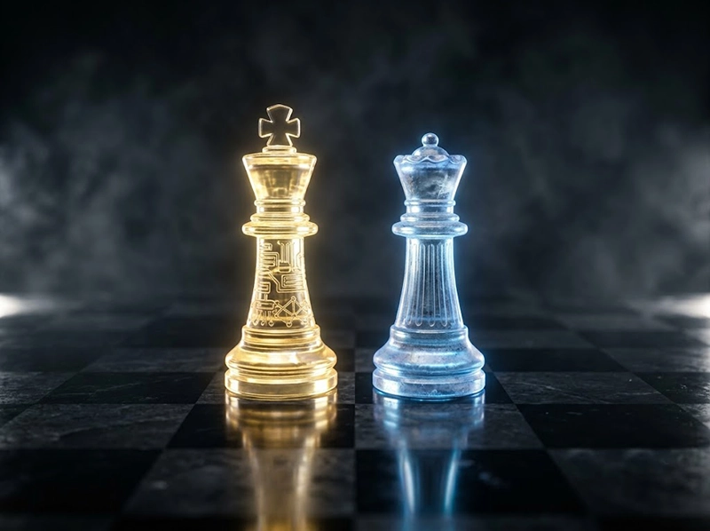 Best Character AI Alternative: I Tested Emochi AI Against Character AI, Janitor AI, Chub AI, and Replika 3 A strategic head-to-head battle between Emochi AI and industry giants represented by glowing crystal chess pieces.