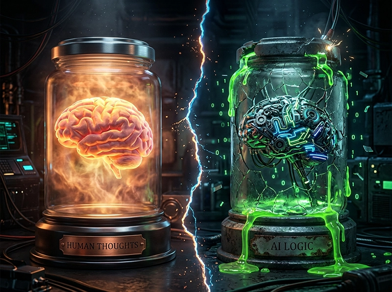 A comparison between a warm glowing organic human brain in a glass jar and a cold mechanical robotic skull leaking green digital slime.