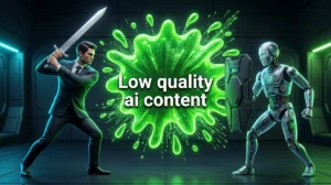 A cinematic 3D poster showing a human professional with a sword battling a robot with a shield over a neon green splash containing the text Low Quality AI Content.