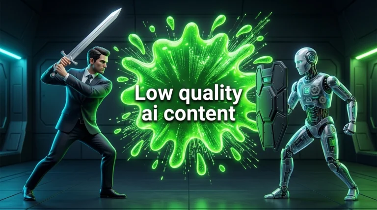 A cinematic 3D poster showing a human professional with a sword battling a robot with a shield over a neon green splash containing the text Low Quality AI Content.
