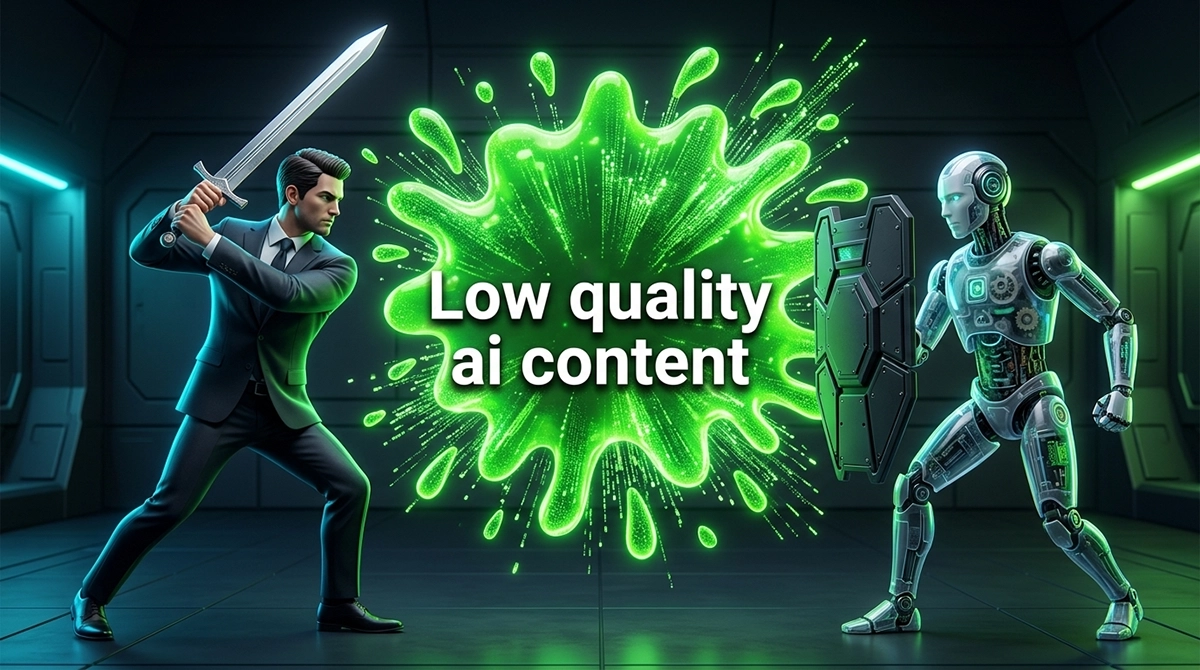 A cinematic 3D poster showing a human professional with a sword battling a robot with a shield over a neon green splash containing the text Low Quality AI Content.