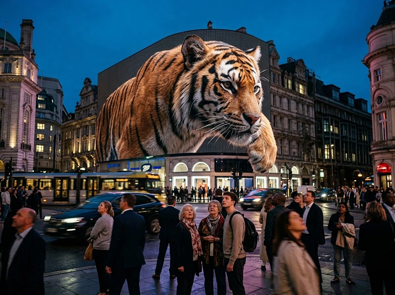 Social Media Trends: The AI Trends I Ignored… Until They Went Viral 2 A massive digital billboard showing highly aesthetic viral graphics capturing human attention in a real-world city intersection.