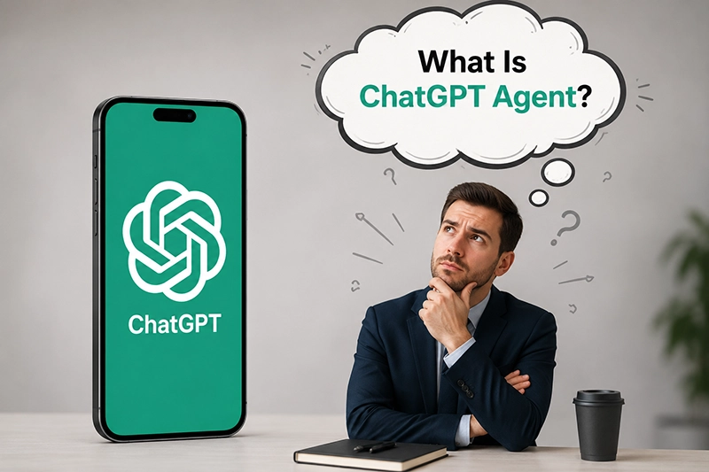 Concept illustration explaining what ChatGPT Agent is, featuring a person thinking beside a smartphone displaying the ChatGPT app.