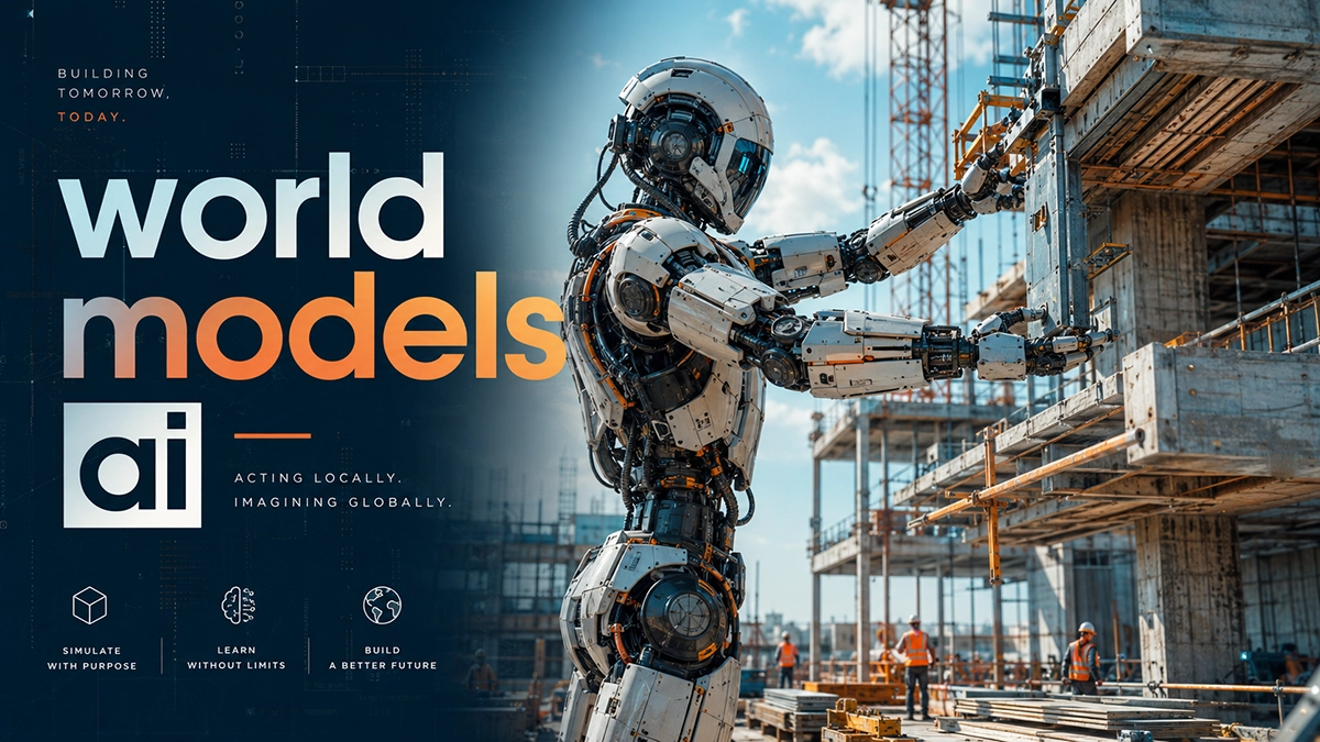 A professional poster design showcasing world models ai technology in physical environments